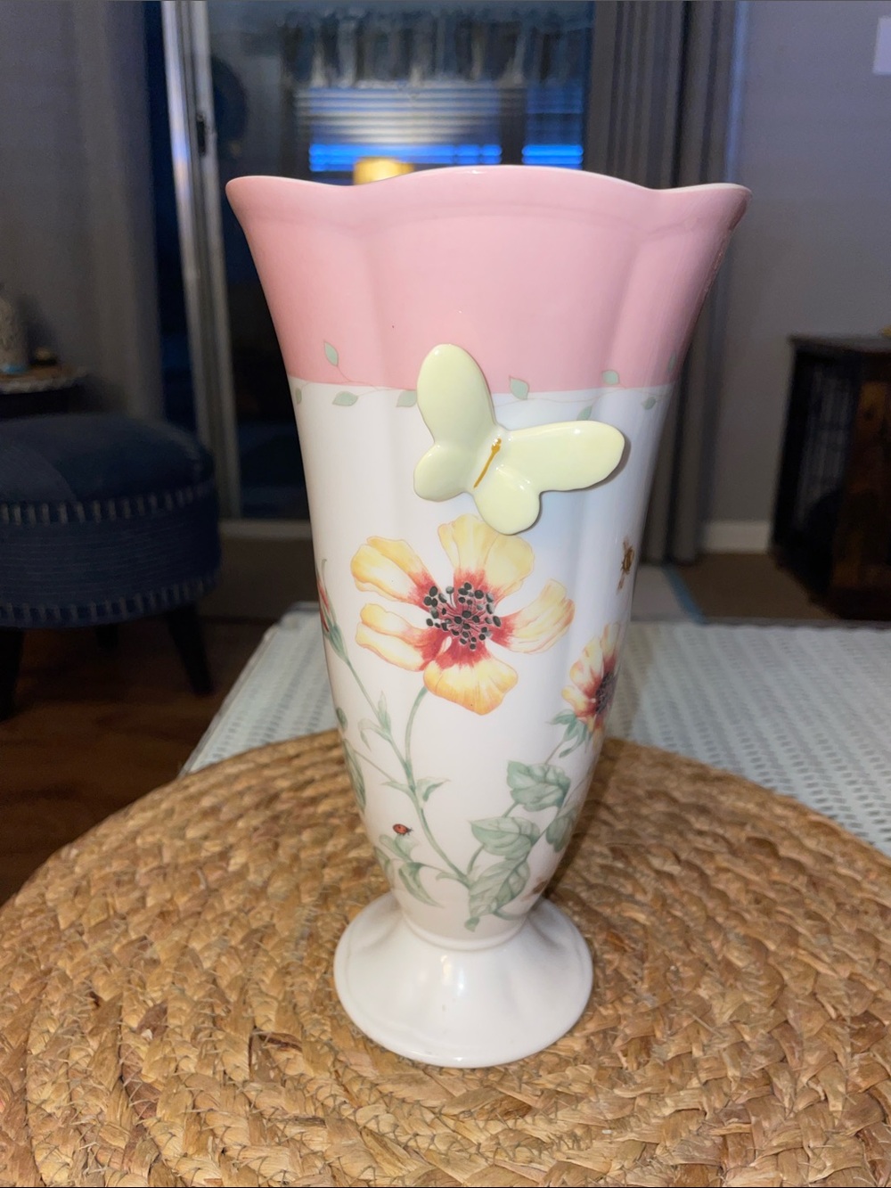 Lenox Pink and White Floral Vase with Yellow Butterfly Accent